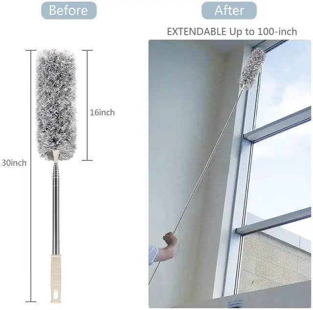 Alt view image 4 of 7 - Microfiber Duster with Extension Pole(Stainless Steel) 30 to 100'', with Bendable Head, Extendable Long Duster for Cleaning Ceiling Fan, High Ceiling, Keyboard, Furniture Cars Gray