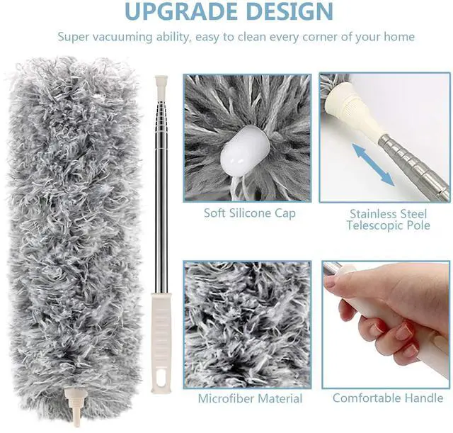 Alt view image 5 of 7 - Microfiber Duster with Extension Pole(Stainless Steel) 30 to 100'', with Bendable Head, Extendable Long Duster for Cleaning Ceiling Fan, High Ceiling, Keyboard, Furniture Cars Gray