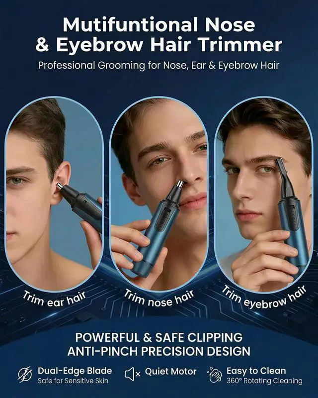 Alt view image 2 of 7 - Nose Hair Trimmer for Men,2026 Professional 3 in 1 Painless RechargeableEar and Nose Trimmer,IPX7 Waterproof Eyebrow Facial Hair Trimmer Body Grooming Kit Dual EdgeBlades