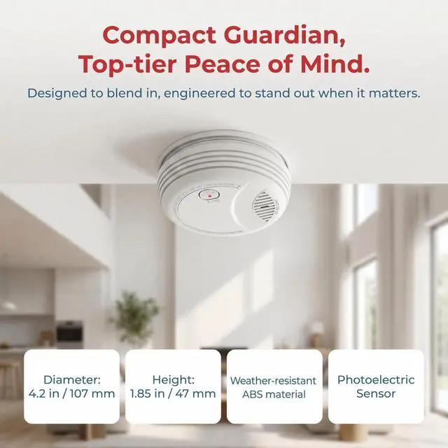 Alt view image 2 of 7 - Photoelectric Smoke Detector with 9V Battery Included Smoke Alarm, 10-Year Sensor, Test/Silence Button, Low Battery Warning, Easy Mount, 2 Pack Fire Alarm for Home Bedroom Living Room