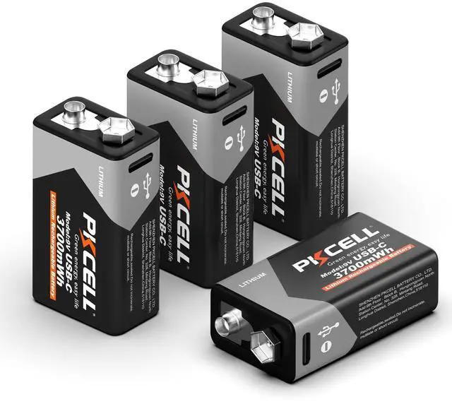 Main image of Rechargeable 9V Batteries 4-Pack, 3700mWh 9 Volt Lithium Battery USB-C Recharge, 9V Battery for Smoke Detector, 1.5 Hours Quick ChargeCharging Cable Not Included