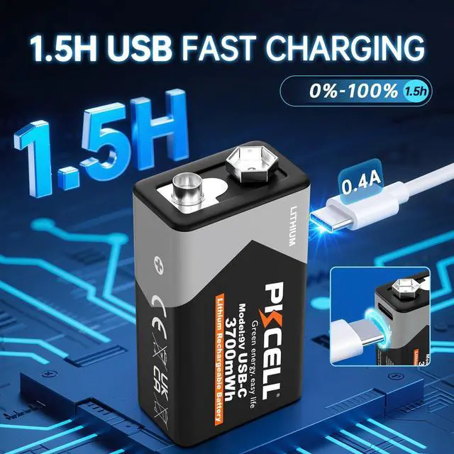 Alt view image 3 of 7 - Rechargeable 9V Batteries 4-Pack, 3700mWh 9 Volt Lithium Battery USB-C Recharge, 9V Battery for Smoke Detector, 1.5 Hours Quick ChargeCharging Cable Not Included