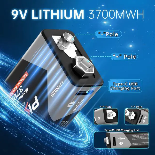Alt view image 5 of 7 - Rechargeable 9V Batteries 4-Pack, 3700mWh 9 Volt Lithium Battery USB-C Recharge, 9V Battery for Smoke Detector, 1.5 Hours Quick ChargeCharging Cable Not Included