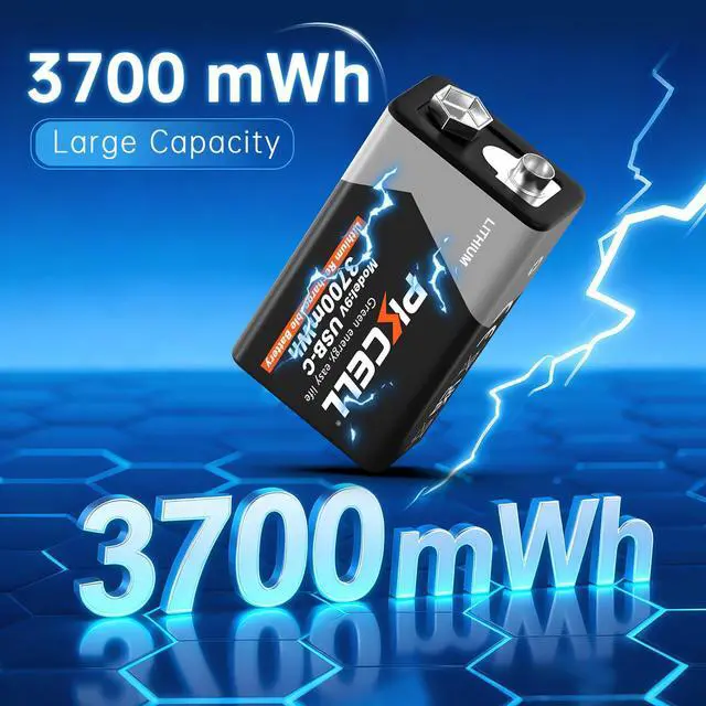 Alt view image 2 of 7 - Rechargeable 9V Batteries 4-Pack, 3700mWh 9 Volt Lithium Battery USB-C Recharge, 9V Battery for Smoke Detector, 1.5 Hours Quick ChargeCharging Cable Not Included