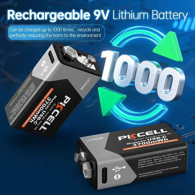 Alt view image 4 of 7 - Rechargeable 9V Batteries 4-Pack, 3700mWh 9 Volt Lithium Battery USB-C Recharge, 9V Battery for Smoke Detector, 1.5 Hours Quick ChargeCharging Cable Not Included