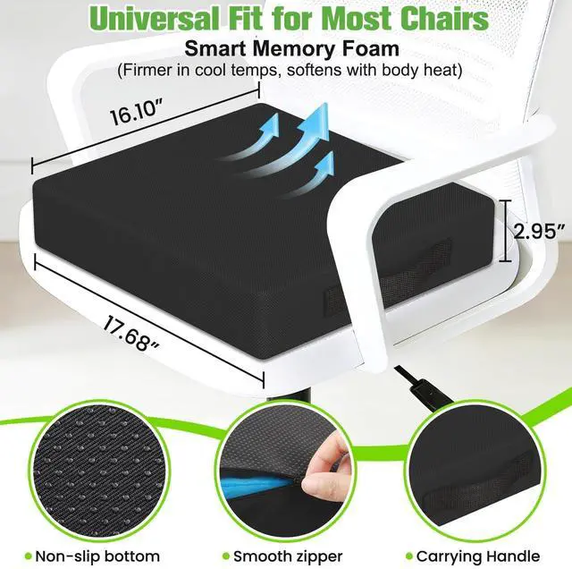 Alt view image 3 of 6 - Seat Cushion for Office Chairs, Memory Foam Chair Cushion with Patterned Core for Even Support, Back, Tailbone & Sciatica Relief, Chair Pillow with Carry Handle for Car, Wheelchair(Black)