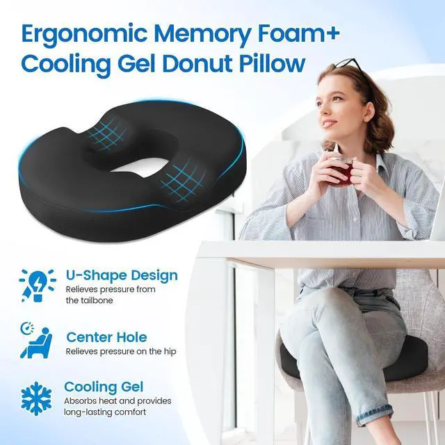 Alt view image 2 of 6 - Donut Pillow Seat Cushion - Cooling Gel Donut Chair Cushions, Memory Foam Seat Cushion for Office & Home, Car Seat Cushion and Butt Pillow, Hemorrhoids Pillow and Tailbone Pain Relief, Black