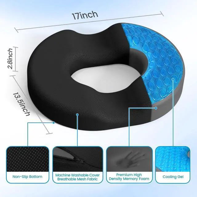 Main image of Donut Pillow Seat Cushion - Cooling Gel Donut Chair Cushions, Memory Foam Seat Cushion for Office & Home, Car Seat Cushion and Butt Pillow, Hemorrhoids Pillow and Tailbone Pain Relief, Black