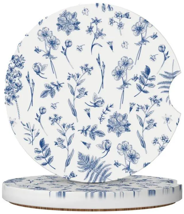 Main image of Vintage Blue Flower Car Coasters for Cup Holder Absorbent Ceramic Cup Coaster 2 Pack Anti Slip Car Interior Accessories with Finger Notch Cork Base for Women Men 2.56"
