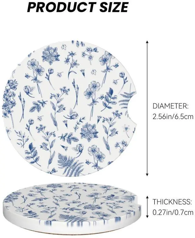Alt view image 6 of 7 - Vintage Blue Flower Car Coasters for Cup Holder Absorbent Ceramic Cup Coaster 2 Pack Anti Slip Car Interior Accessories with Finger Notch Cork Base for Women Men 2.56"