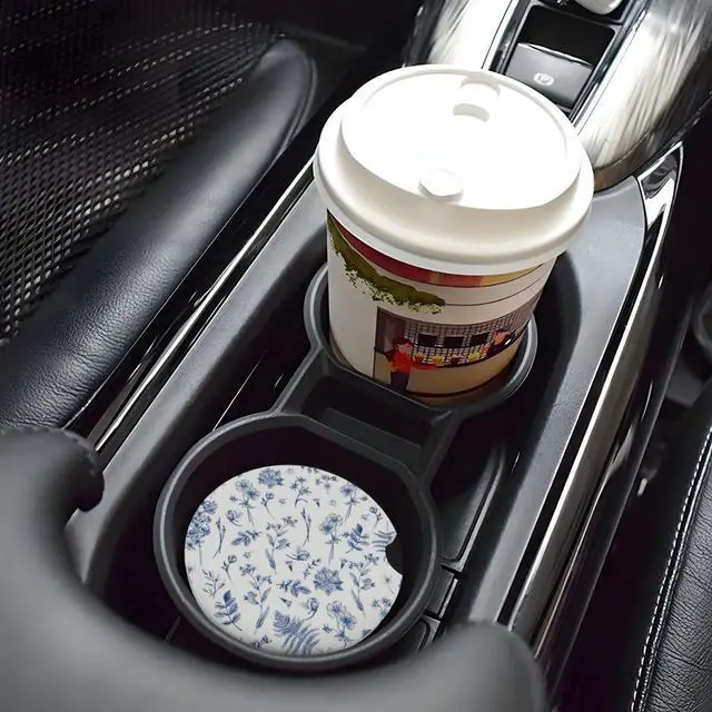 Alt view image 7 of 7 - Vintage Blue Flower Car Coasters for Cup Holder Absorbent Ceramic Cup Coaster 2 Pack Anti Slip Car Interior Accessories with Finger Notch Cork Base for Women Men 2.56"