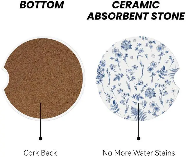 Alt view image 2 of 7 - Vintage Blue Flower Car Coasters for Cup Holder Absorbent Ceramic Cup Coaster 2 Pack Anti Slip Car Interior Accessories with Finger Notch Cork Base for Women Men 2.56"