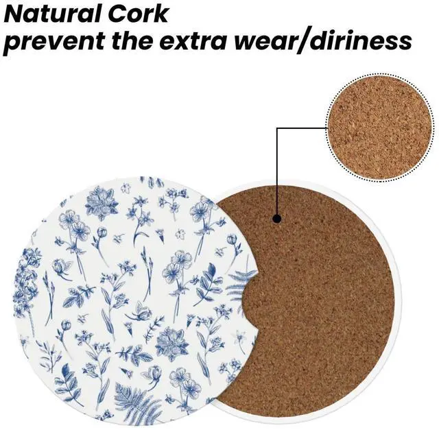 Alt view image 5 of 7 - Vintage Blue Flower Car Coasters for Cup Holder Absorbent Ceramic Cup Coaster 2 Pack Anti Slip Car Interior Accessories with Finger Notch Cork Base for Women Men 2.56"