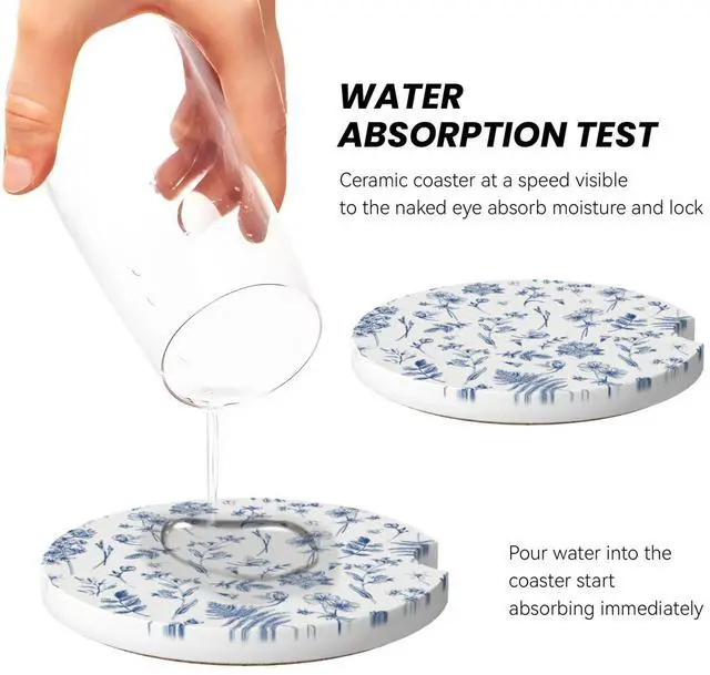 Alt view image 3 of 7 - Vintage Blue Flower Car Coasters for Cup Holder Absorbent Ceramic Cup Coaster 2 Pack Anti Slip Car Interior Accessories with Finger Notch Cork Base for Women Men 2.56"