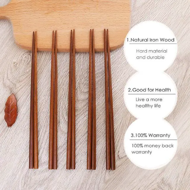 Alt view image 3 of 7 - Wooden Chopsticks Reusable Dishwasher Safe 10 Pairs Chinese Asian Korea Iron Wood Handmade Chopstick Natural Healthy for Cooking Eating Restaurants Gourmets Noodles Portable Long Brown