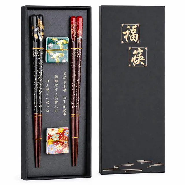 Main image of 2 Pairs Reusable Wooden Chopsticks with Ceramic Rests Set, 9 Inch Japanese Style Hardwood Chop Sticks with Stand for Ramen, Sushi, Udon, Black Gift Box for Couples, Housewarming