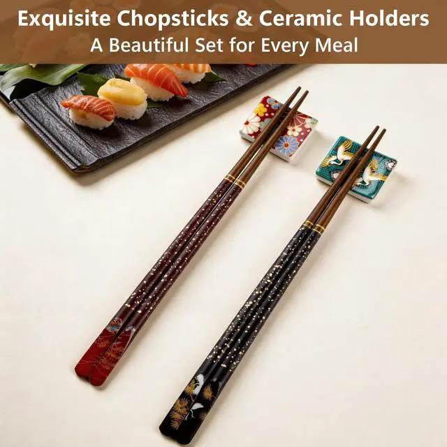 Alt view image 2 of 7 - 2 Pairs Reusable Wooden Chopsticks with Ceramic Rests Set, 9 Inch Japanese Style Hardwood Chop Sticks with Stand for Ramen, Sushi, Udon, Black Gift Box for Couples, Housewarming