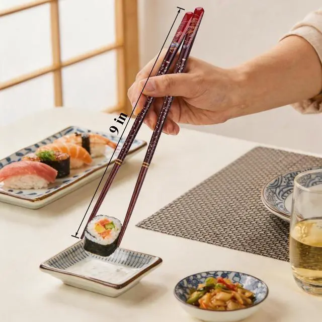 Alt view image 3 of 7 - 2 Pairs Reusable Wooden Chopsticks with Ceramic Rests Set, 9 Inch Japanese Style Hardwood Chop Sticks with Stand for Ramen, Sushi, Udon, Black Gift Box for Couples, Housewarming