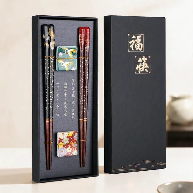 Alt view image 4 of 7 - 2 Pairs Reusable Wooden Chopsticks with Ceramic Rests Set, 9 Inch Japanese Style Hardwood Chop Sticks with Stand for Ramen, Sushi, Udon, Black Gift Box for Couples, Housewarming
