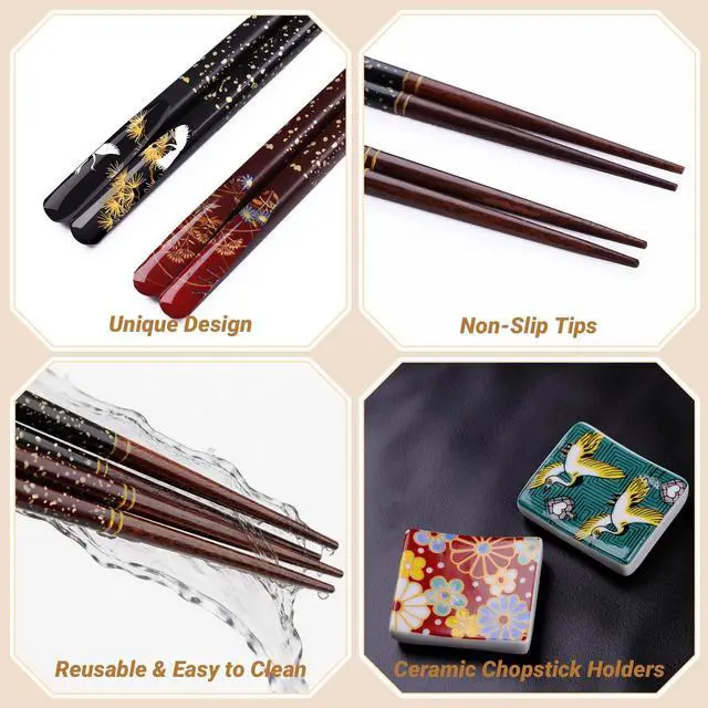 Alt view image 5 of 7 - 2 Pairs Reusable Wooden Chopsticks with Ceramic Rests Set, 9 Inch Japanese Style Hardwood Chop Sticks with Stand for Ramen, Sushi, Udon, Black Gift Box for Couples, Housewarming