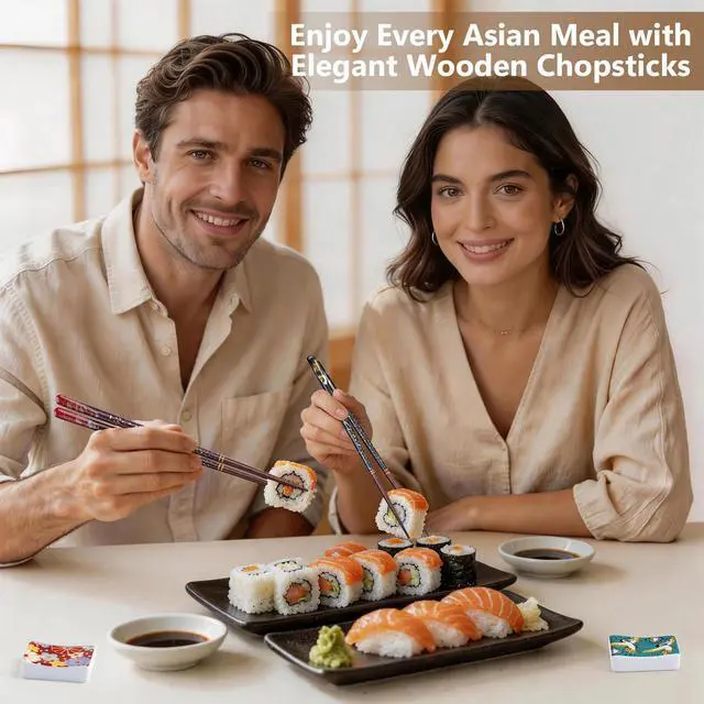 Alt view image 6 of 7 - 2 Pairs Reusable Wooden Chopsticks with Ceramic Rests Set, 9 Inch Japanese Style Hardwood Chop Sticks with Stand for Ramen, Sushi, Udon, Black Gift Box for Couples, Housewarming