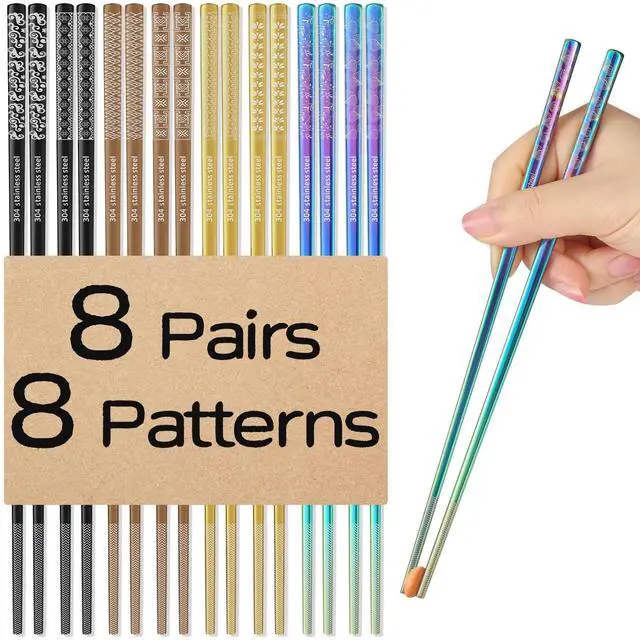 Main image of 8 Pairs Metal Chopsticks Reusable Multicolor Stainless Steel Chopsticks Set Laser Engraved Non-slip Japanese Korean Chinese Chopstick for Cooking Eating Dishwasher Safe 9.25" Chop Sticks Gift Set