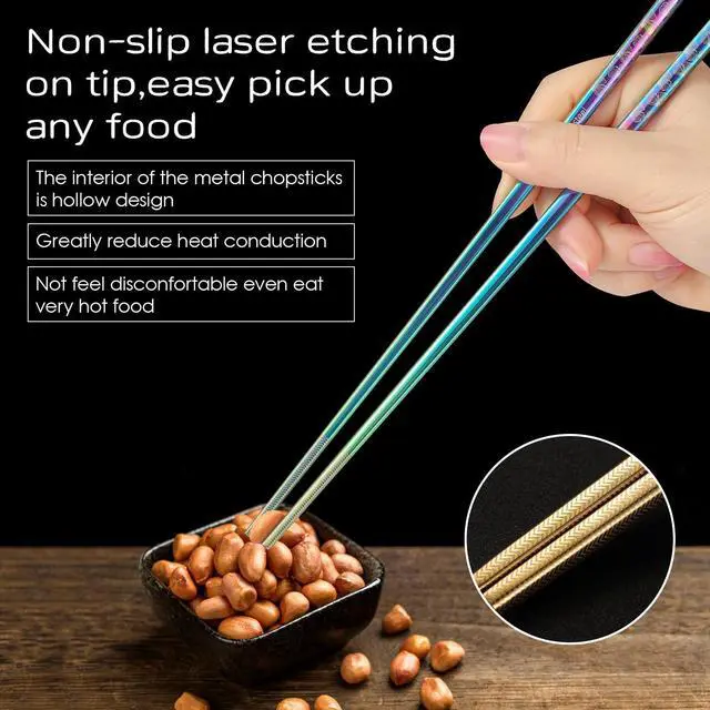 Alt view image 3 of 7 - 8 Pairs Metal Chopsticks Reusable Multicolor Stainless Steel Chopsticks Set Laser Engraved Non-slip Japanese Korean Chinese Chopstick for Cooking Eating Dishwasher Safe 9.25" Chop Sticks Gift Set