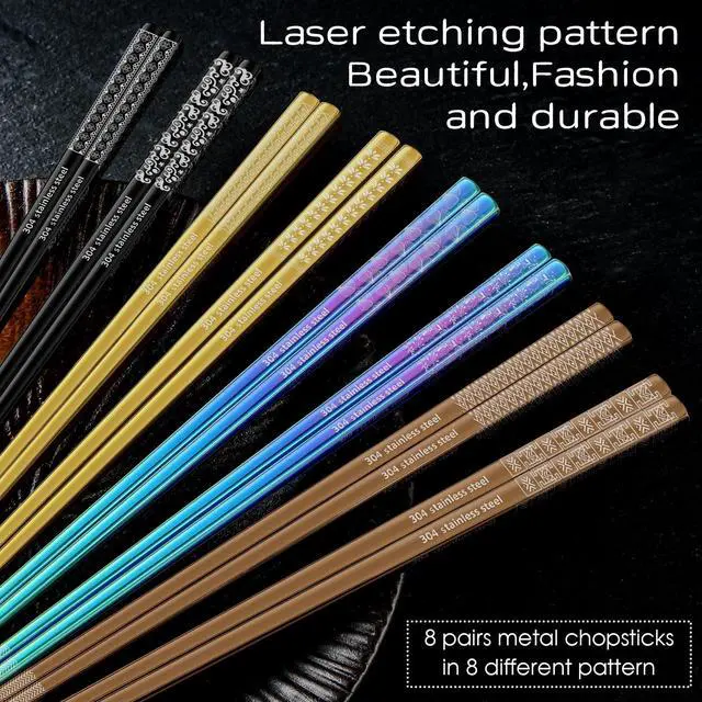 Alt view image 2 of 7 - 8 Pairs Metal Chopsticks Reusable Multicolor Stainless Steel Chopsticks Set Laser Engraved Non-slip Japanese Korean Chinese Chopstick for Cooking Eating Dishwasher Safe 9.25" Chop Sticks Gift Set