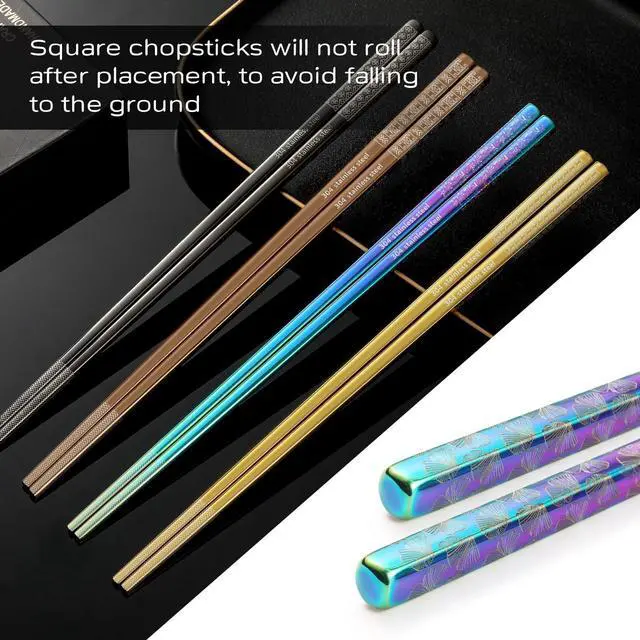 Alt view image 6 of 7 - 8 Pairs Metal Chopsticks Reusable Multicolor Stainless Steel Chopsticks Set Laser Engraved Non-slip Japanese Korean Chinese Chopstick for Cooking Eating Dishwasher Safe 9.25" Chop Sticks Gift Set