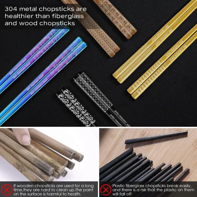 Alt view image 5 of 7 - 8 Pairs Metal Chopsticks Reusable Multicolor Stainless Steel Chopsticks Set Laser Engraved Non-slip Japanese Korean Chinese Chopstick for Cooking Eating Dishwasher Safe 9.25" Chop Sticks Gift Set