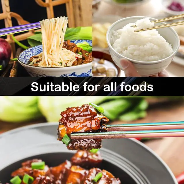 Alt view image 7 of 7 - 8 Pairs Metal Chopsticks Reusable Multicolor Stainless Steel Chopsticks Set Laser Engraved Non-slip Japanese Korean Chinese Chopstick for Cooking Eating Dishwasher Safe 9.25" Chop Sticks Gift Set