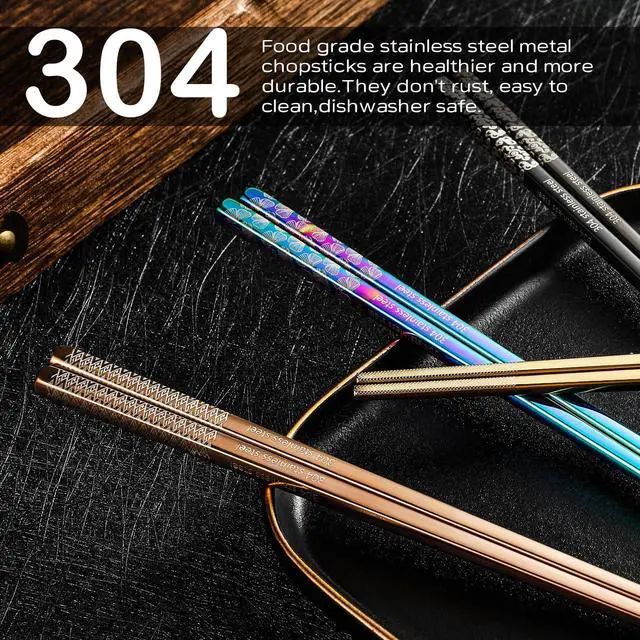 Alt view image 4 of 7 - 8 Pairs Metal Chopsticks Reusable Multicolor Stainless Steel Chopsticks Set Laser Engraved Non-slip Japanese Korean Chinese Chopstick for Cooking Eating Dishwasher Safe 9.25" Chop Sticks Gift Set