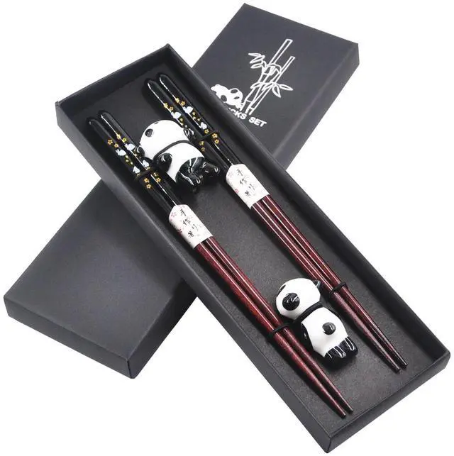 Main image of Wooden Japanese Chopsticks with Ceramic Panda Holders - 9-Inch Elegant Reusable Chopsticks Gift Set for Sushi Lovers Couples (Black-Black)