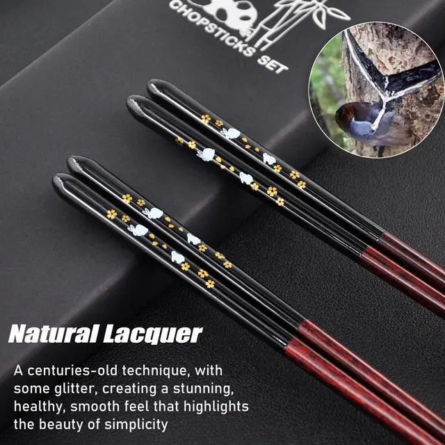 Alt view image 2 of 7 - Wooden Japanese Chopsticks with Ceramic Panda Holders - 9-Inch Elegant Reusable Chopsticks Gift Set for Sushi Lovers Couples (Black-Black)