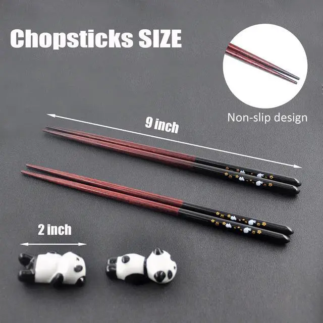 Alt view image 4 of 7 - Wooden Japanese Chopsticks with Ceramic Panda Holders - 9-Inch Elegant Reusable Chopsticks Gift Set for Sushi Lovers Couples (Black-Black)