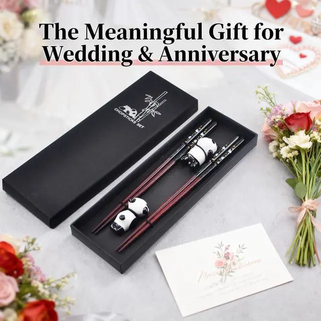 Alt view image 6 of 7 - Wooden Japanese Chopsticks with Ceramic Panda Holders - 9-Inch Elegant Reusable Chopsticks Gift Set for Sushi Lovers Couples (Black-Black)