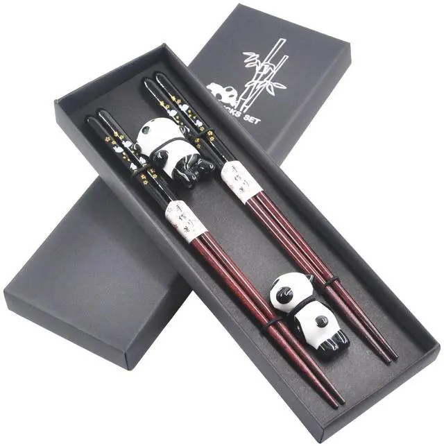 Alt view image 7 of 7 - Wooden Japanese Chopsticks with Ceramic Panda Holders - 9-Inch Elegant Reusable Chopsticks Gift Set for Sushi Lovers Couples (Black-Black)