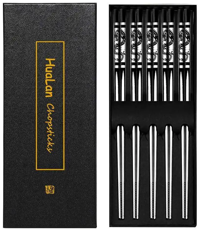 Main image of Metal Chopsticks ,Stainless Steel Non-Slip Design Chopsticks Reusable Dishwasher Safe Chop Sticks Laser Engraved Dragon Pattern 5 Pairs Gift Set