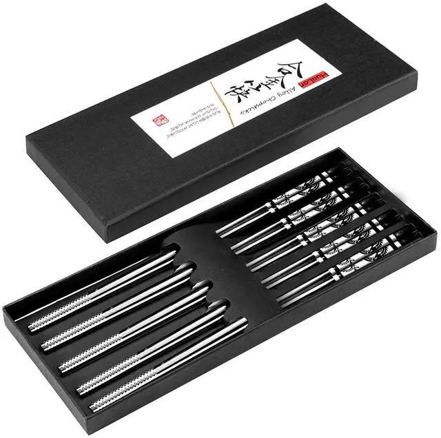 Alt view image 7 of 7 - Metal Chopsticks ,Stainless Steel Non-Slip Design Chopsticks Reusable Dishwasher Safe Chop Sticks Laser Engraved Dragon Pattern 5 Pairs Gift Set
