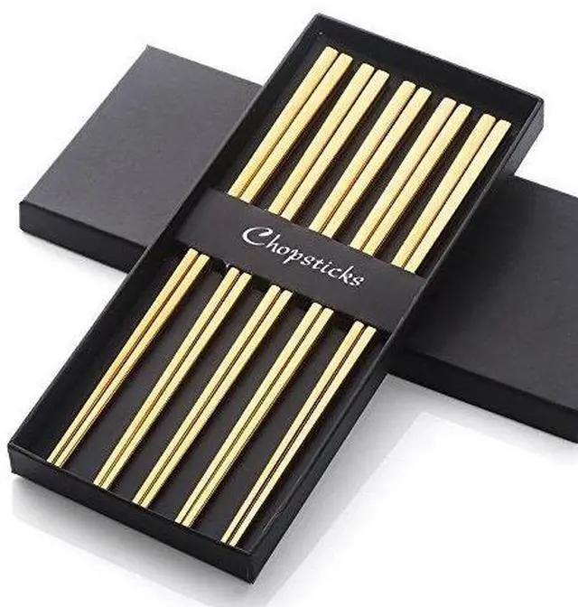 Main image of 5-Pair Gold Stainless Steel Chopsticks - Reusable Chinese Square Chopsticks
