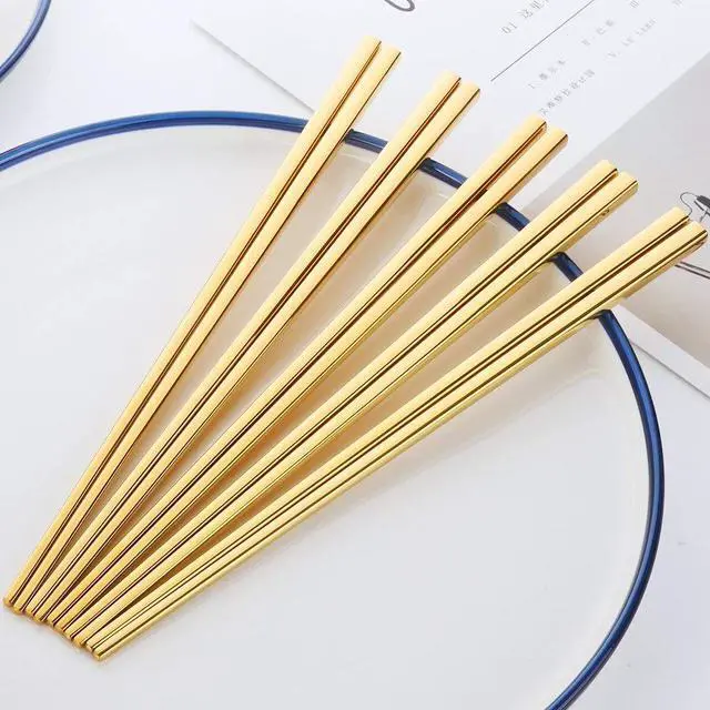 Alt view image 2 of 7 - 5-Pair Gold Stainless Steel Chopsticks - Reusable Chinese Square Chopsticks
