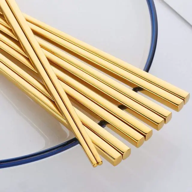 Alt view image 3 of 7 - 5-Pair Gold Stainless Steel Chopsticks - Reusable Chinese Square Chopsticks