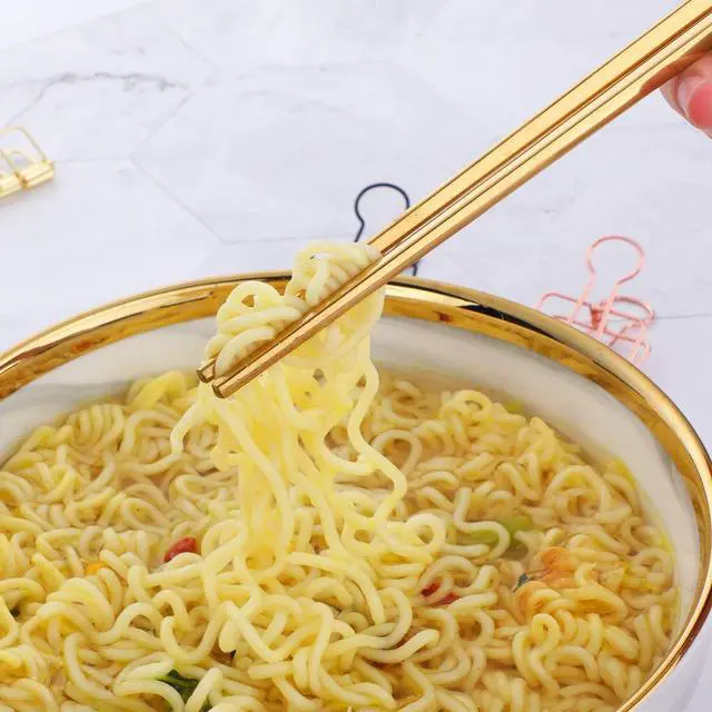 Alt view image 5 of 7 - 5-Pair Gold Stainless Steel Chopsticks - Reusable Chinese Square Chopsticks