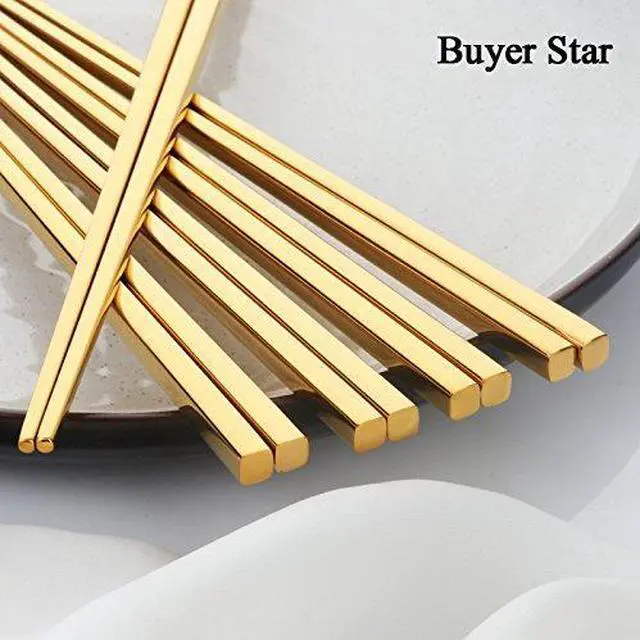 Alt view image 4 of 7 - 5-Pair Gold Stainless Steel Chopsticks - Reusable Chinese Square Chopsticks
