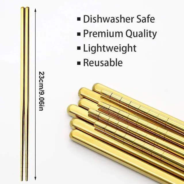 Alt view image 4 of 6 - Stainless Steel Chopsticks Reusable Multicolor Lightweight 304 Metal Chopsticks Dishwasher Safe - 5 Pairs (Gold)