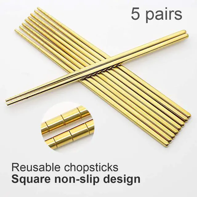 Alt view image 6 of 6 - Stainless Steel Chopsticks Reusable Multicolor Lightweight 304 Metal Chopsticks Dishwasher Safe - 5 Pairs (Gold)