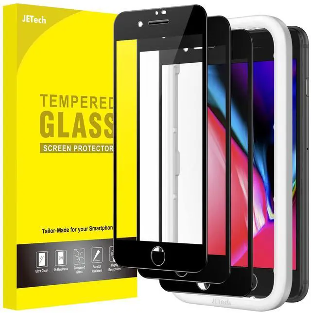 Main image of Full Coverage Screen Protector for iPhone SE 3 (2022)/SE 2 (2020)/8/7 4.7-Inch, Black Edge Tempered Glass Film with Easy Installation Tool, Case-Friendly, HD Clear, 3-Pack (Black)