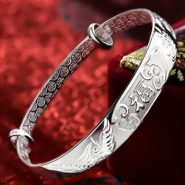 Alt view image 5 of 6 - 999 Sterling Sliver Bracelets Adjustable Chinese Style Lucky Bangle Bracelets Women's Chinese Dragon Phoenix Carved Bangle Bracelet 25g Weight for Women and Elder