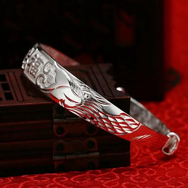 Alt view image 6 of 6 - 999 Sterling Sliver Bracelets Adjustable Chinese Style Lucky Bangle Bracelets Women's Chinese Dragon Phoenix Carved Bangle Bracelet 25g Weight for Women and Elder