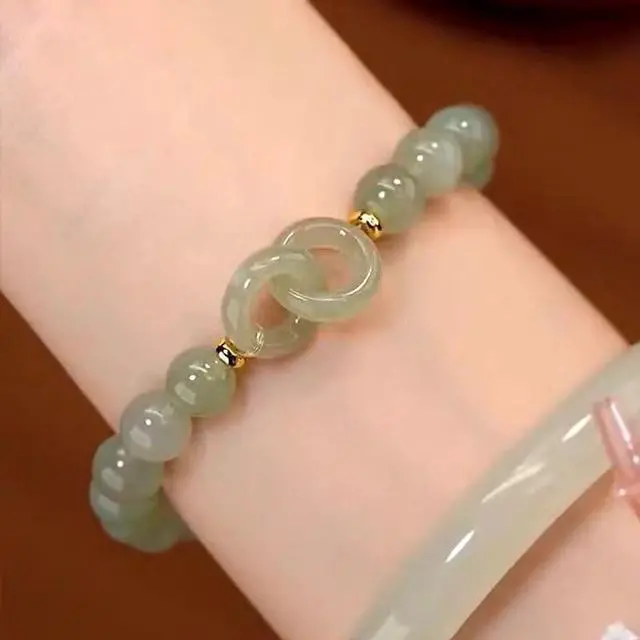 Main image of Lucky Feng Shui Bracelet Natural Jade Bracelet Hetian Jade Barrel Beads Nephrite Jade Bracelet with Safety Button Interlocking Hetian Jade Bracelet Women's Design Peace Buckle Jade Bracelet1